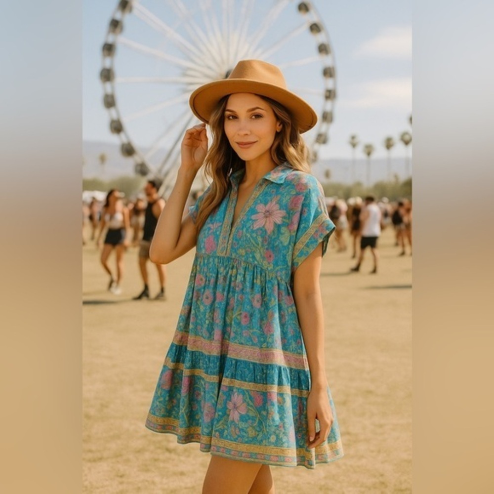 Blue Multi Floral Mixed Print Tiered Boho Dress Umgee Boutique LNWOT M/L #1196